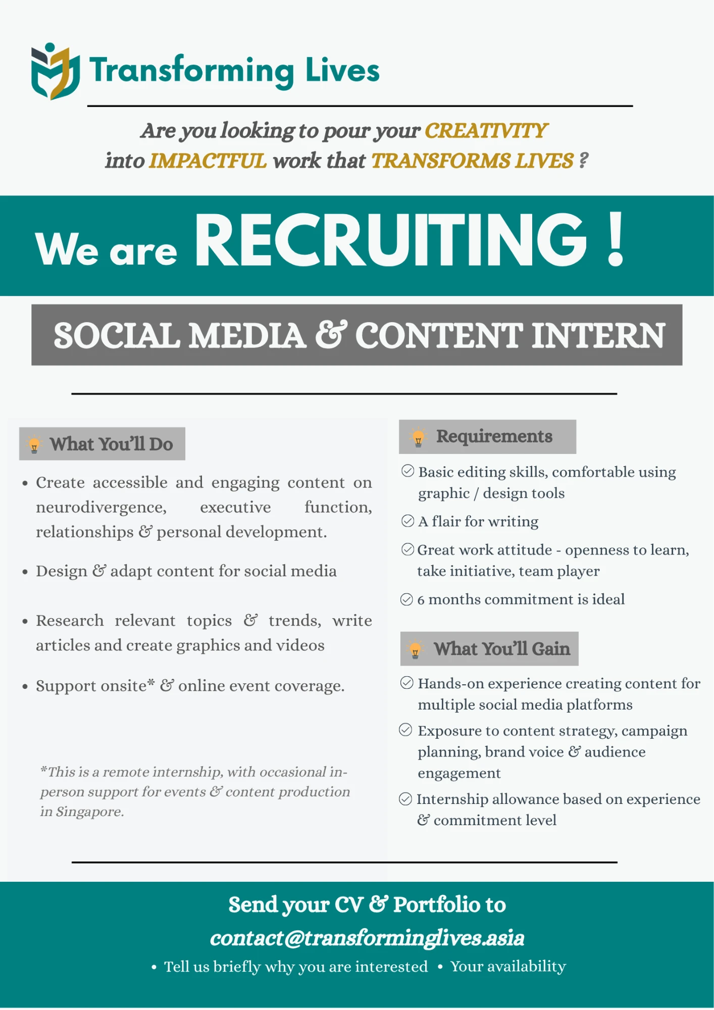 Social Media & Content Intern — Transforming Lives